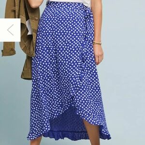 Anthropologie Maeve Darcy wrap skirt in blue and white floral with tie waist